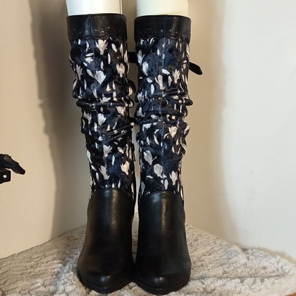 Ruby Shoo Black Floral Slouch Athena Boots - Picture 2 of 8
